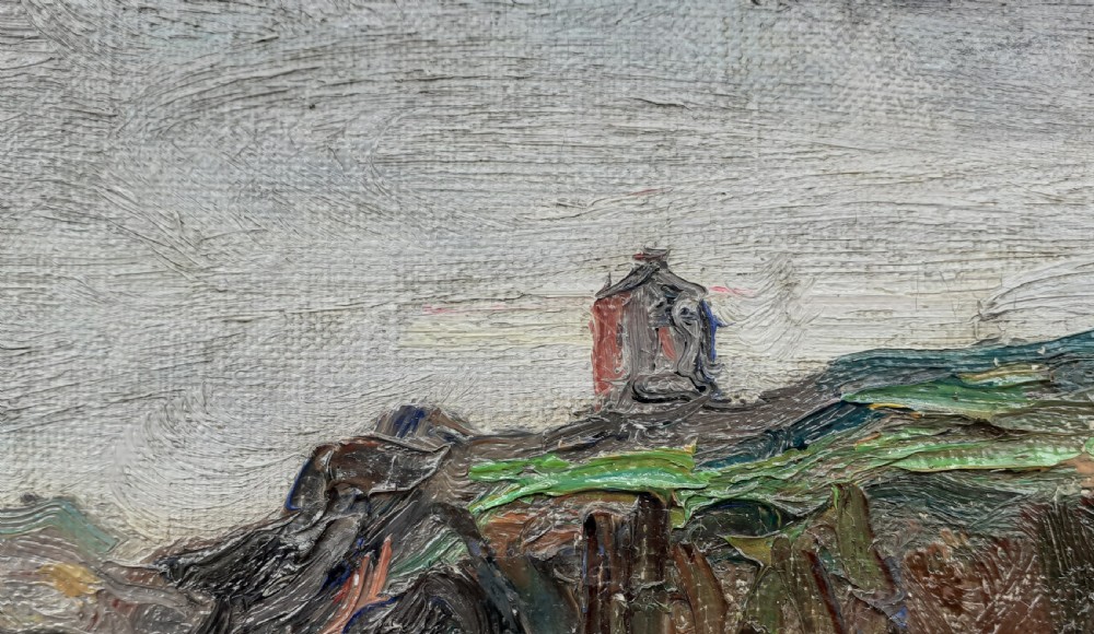 A framed oil painting depicting a French coastal seascape with dark cliffs, blue water, and a small lighthouse on a grassy hilltop under an overcast sky. View III