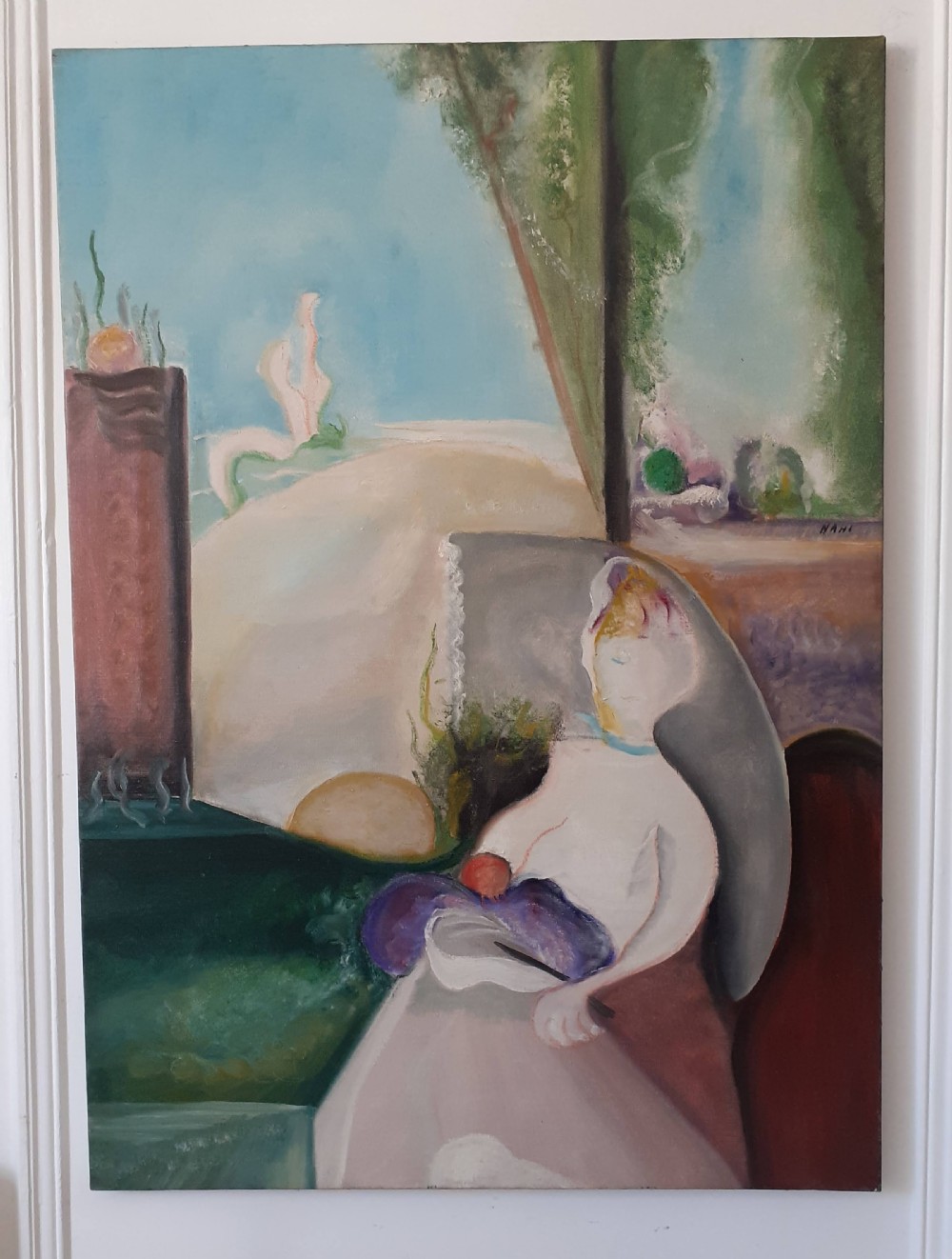 Woman dreaming, the dropped knitting needles, French surrealist large oil on canvas View VII