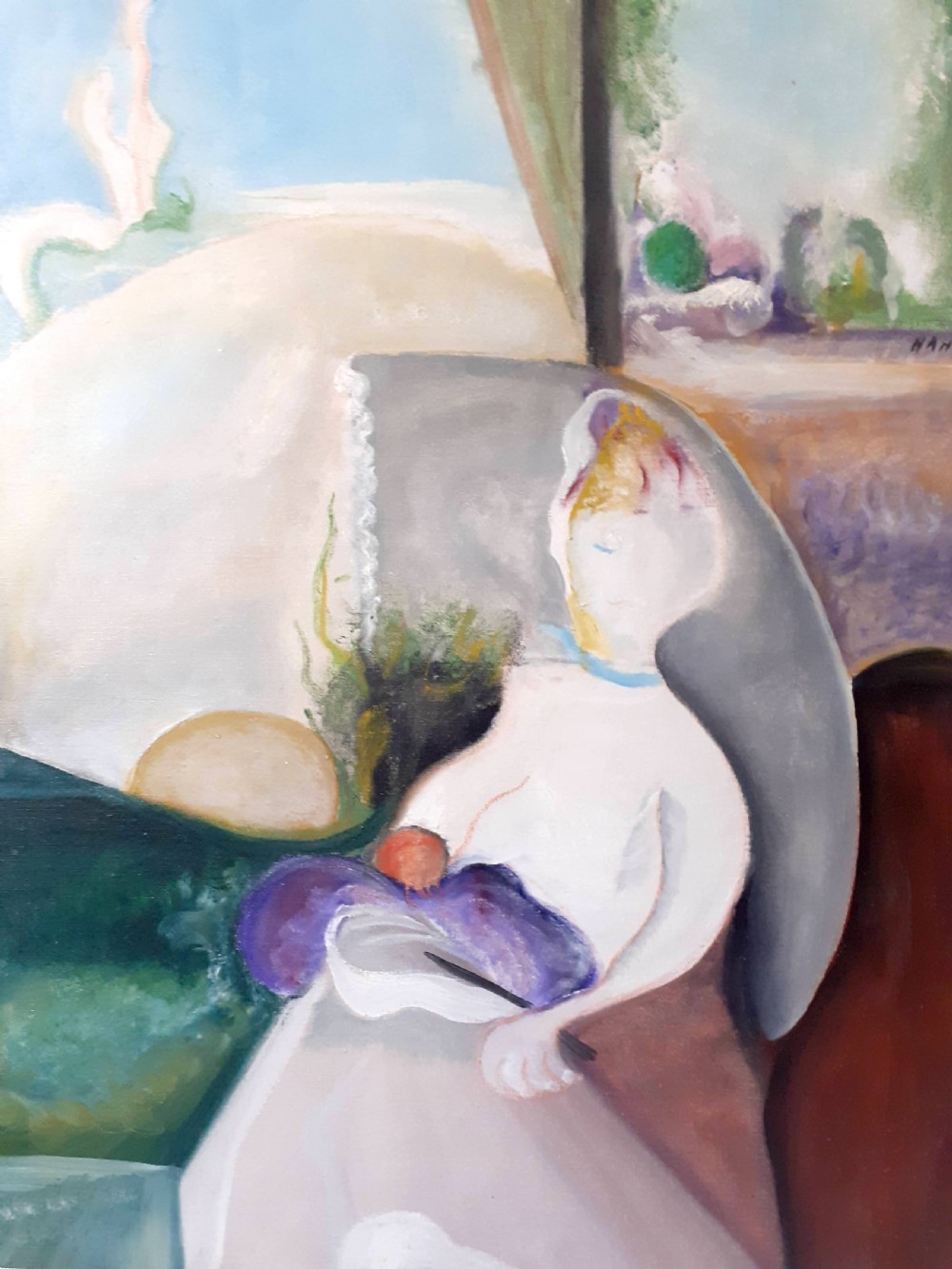 Woman dreaming, the dropped knitting needles, French surrealist large oil on canvas View II