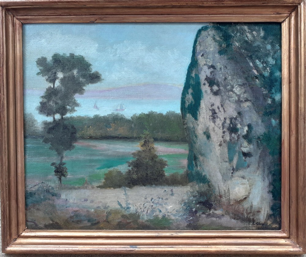 Boats on the waters beyond, morning blue: antique French oil on canvas, ca 1930 View II