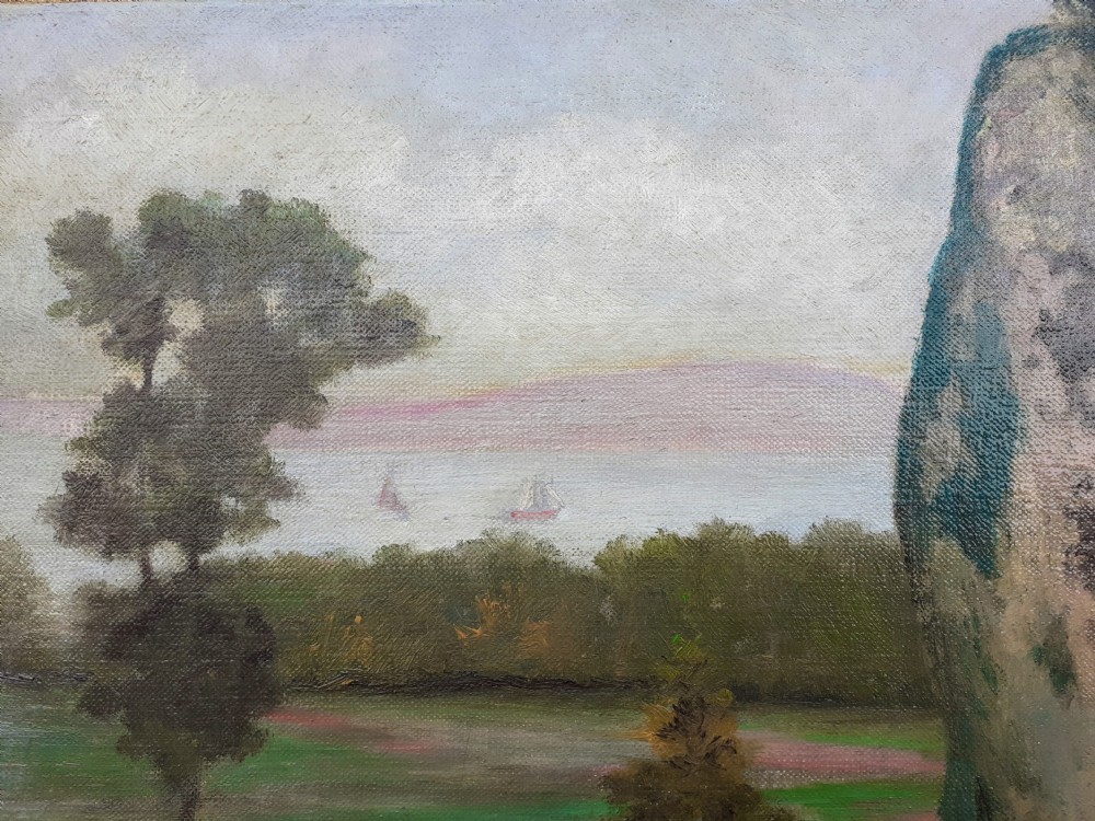 Boats on the waters beyond, morning blue: antique French oil on canvas, ca 1930 View VI