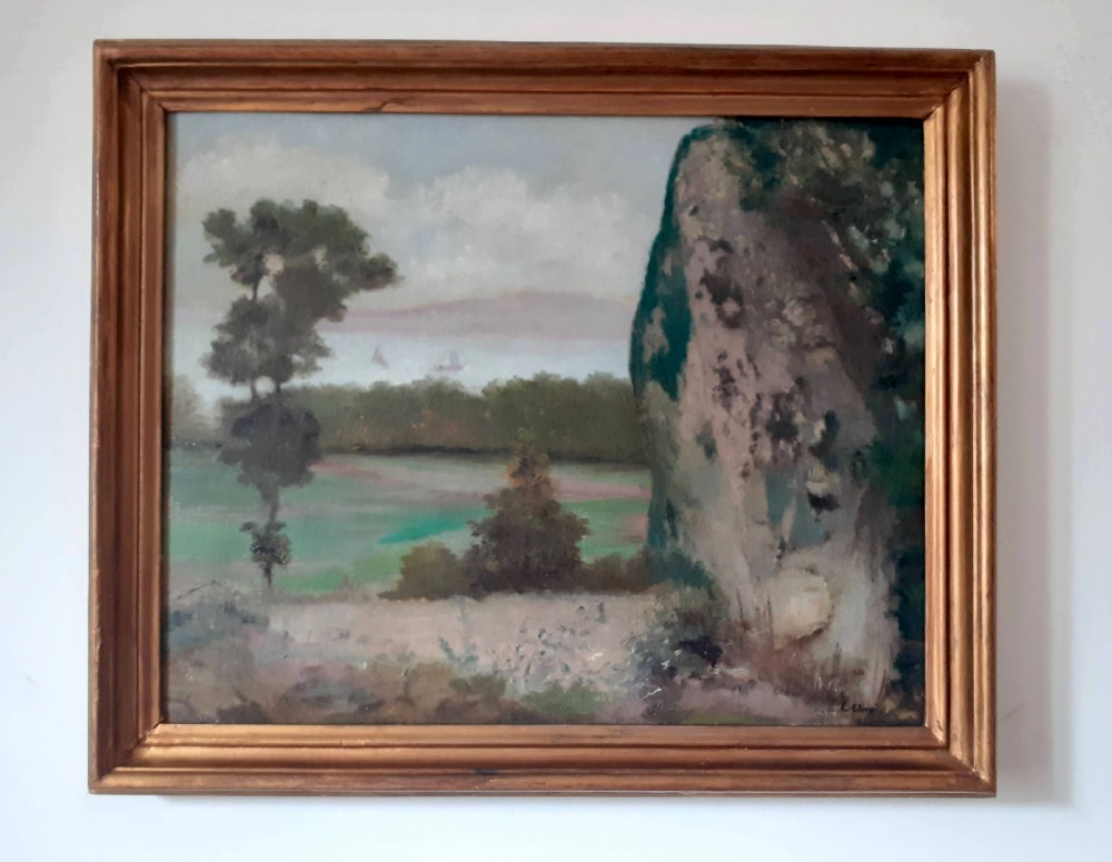 Boats on the waters beyond, morning blue: antique French oil on canvas, ca 1930 View VII