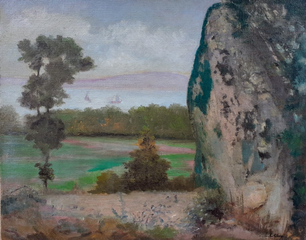 Boats on the waters beyond, morning blue: antique French oil on canvas, ca 1930