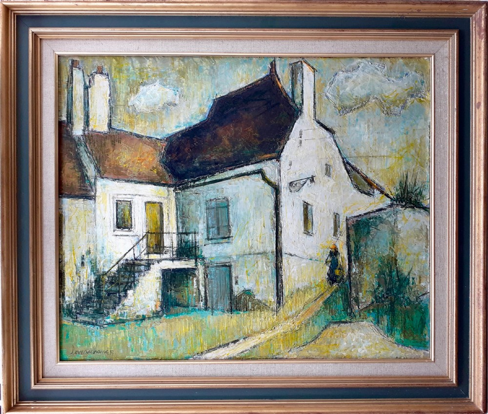 Gardening at the old Farmhouse: large mid century modern abstracted oil on canvas manner