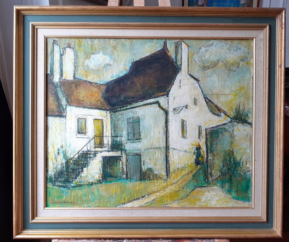 Gardening at the old Farmhouse: large mid century modern abstracted oil on canvas manner View III