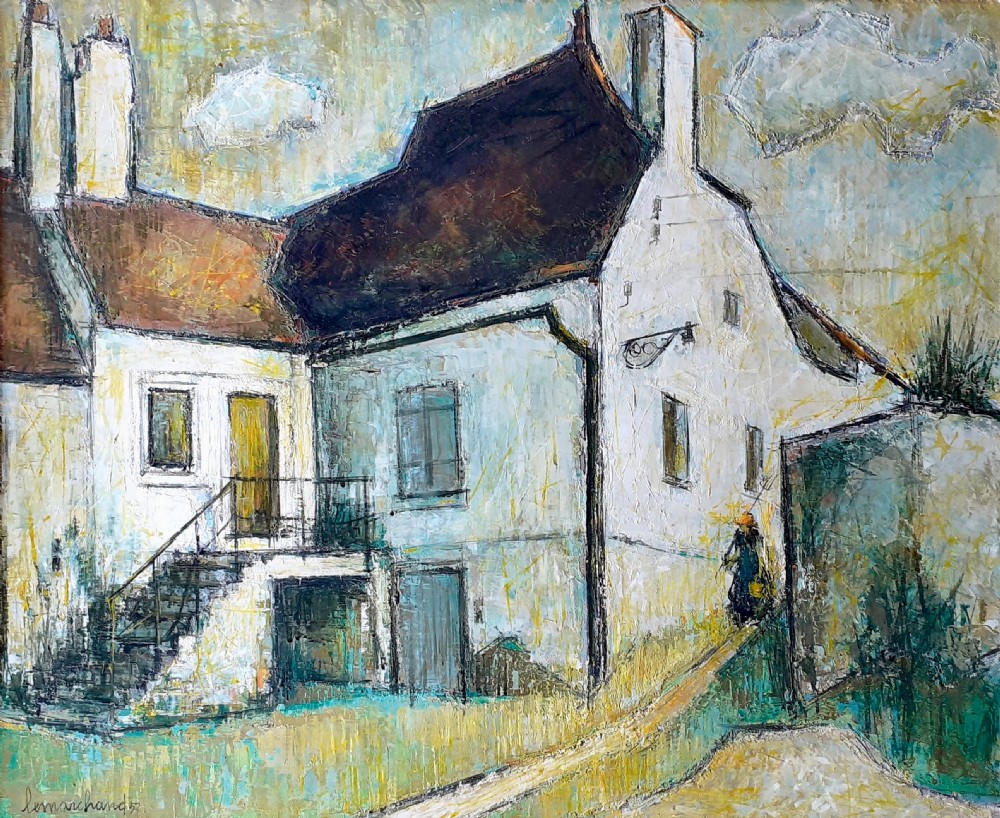 Gardening at the old Farmhouse: large mid century modern abstracted oil on canvas manner View IV