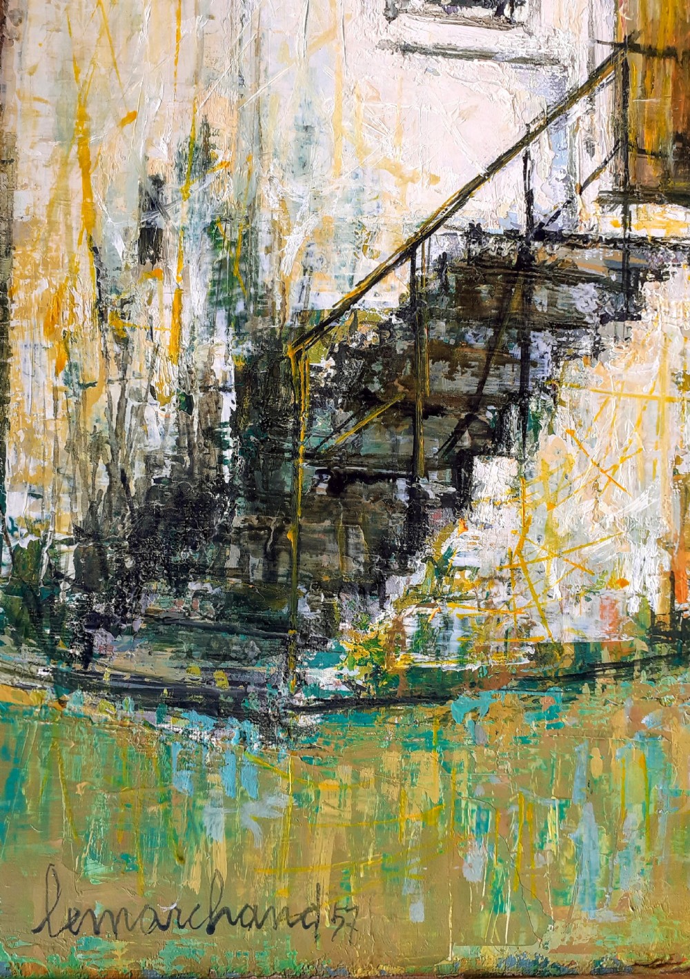 Gardening at the old Farmhouse: large mid century modern abstracted oil on canvas manner View V
