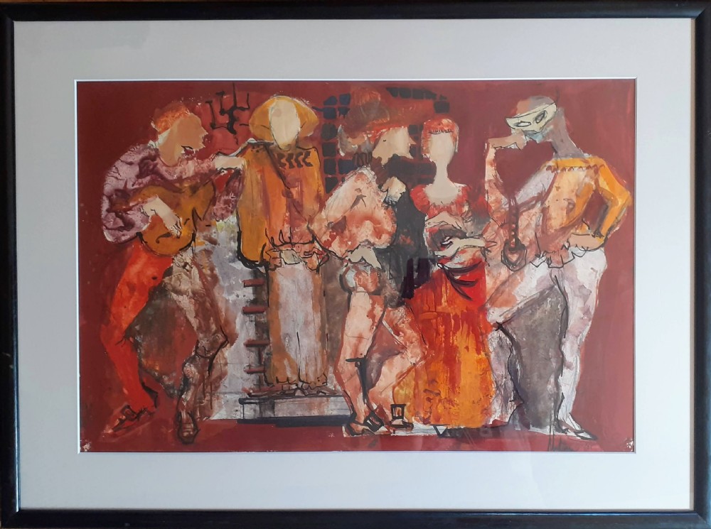 Musicians and actors, figures from the Comedia dell'Arte theatre: French modernist gouache painting on paper View II