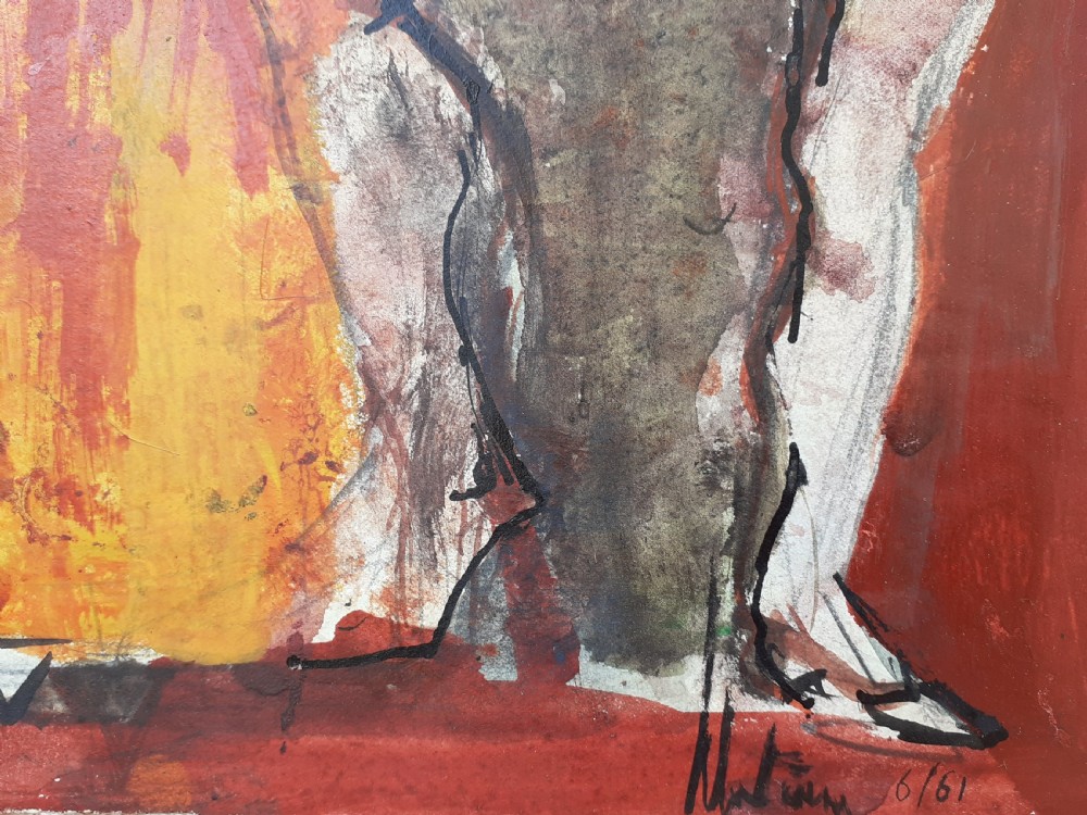 Musicians and actors, figures from the Comedia dell'Arte theatre: French modernist gouache painting on paper View III