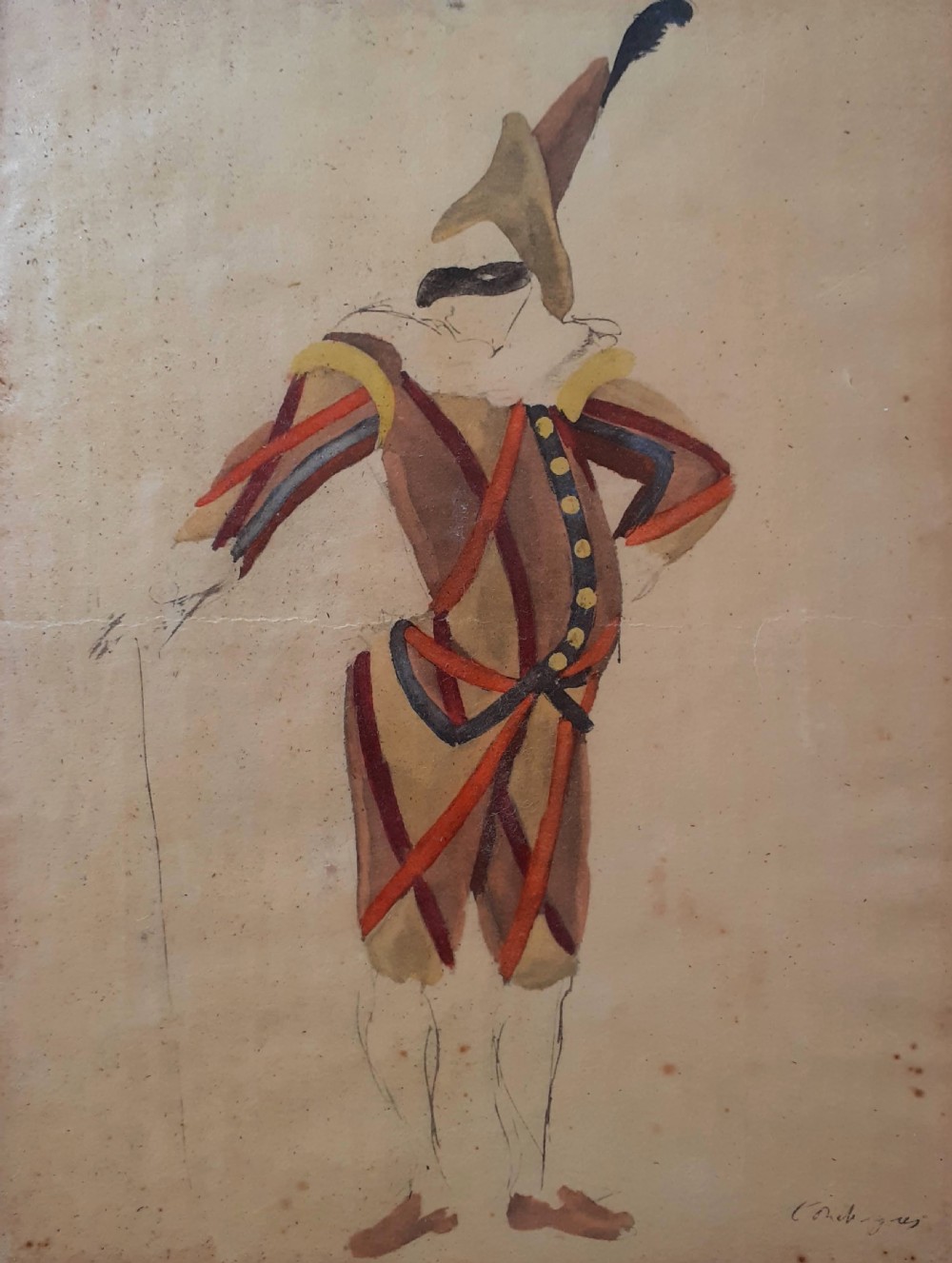 Harlequin, masked figure from the Comedia dell'Arte theatre French gouache painting on paper