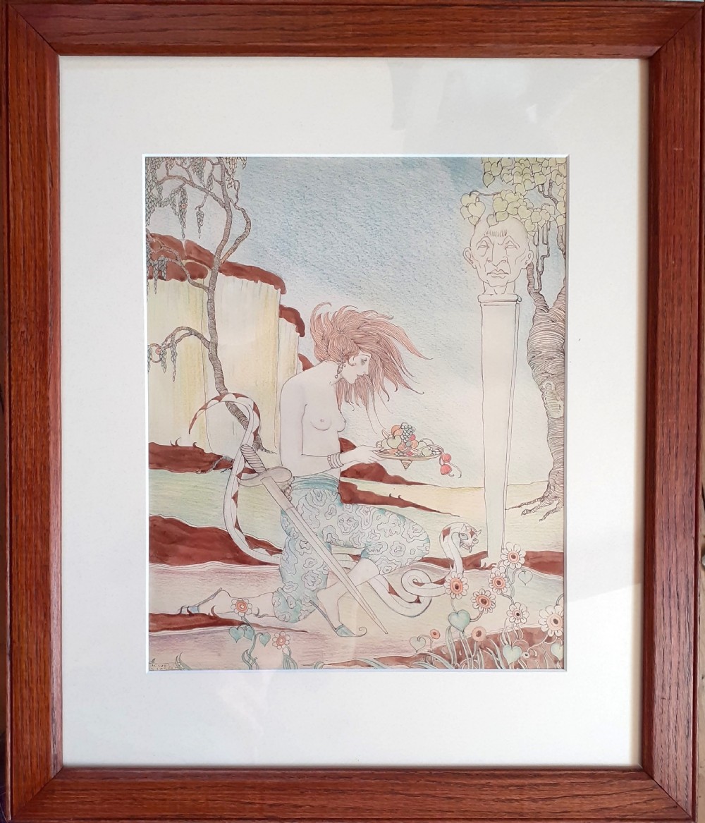 Art nouveau snake charmer, 1920 exquisite provenance arts and craft period mixed media painting American in Paris  View II