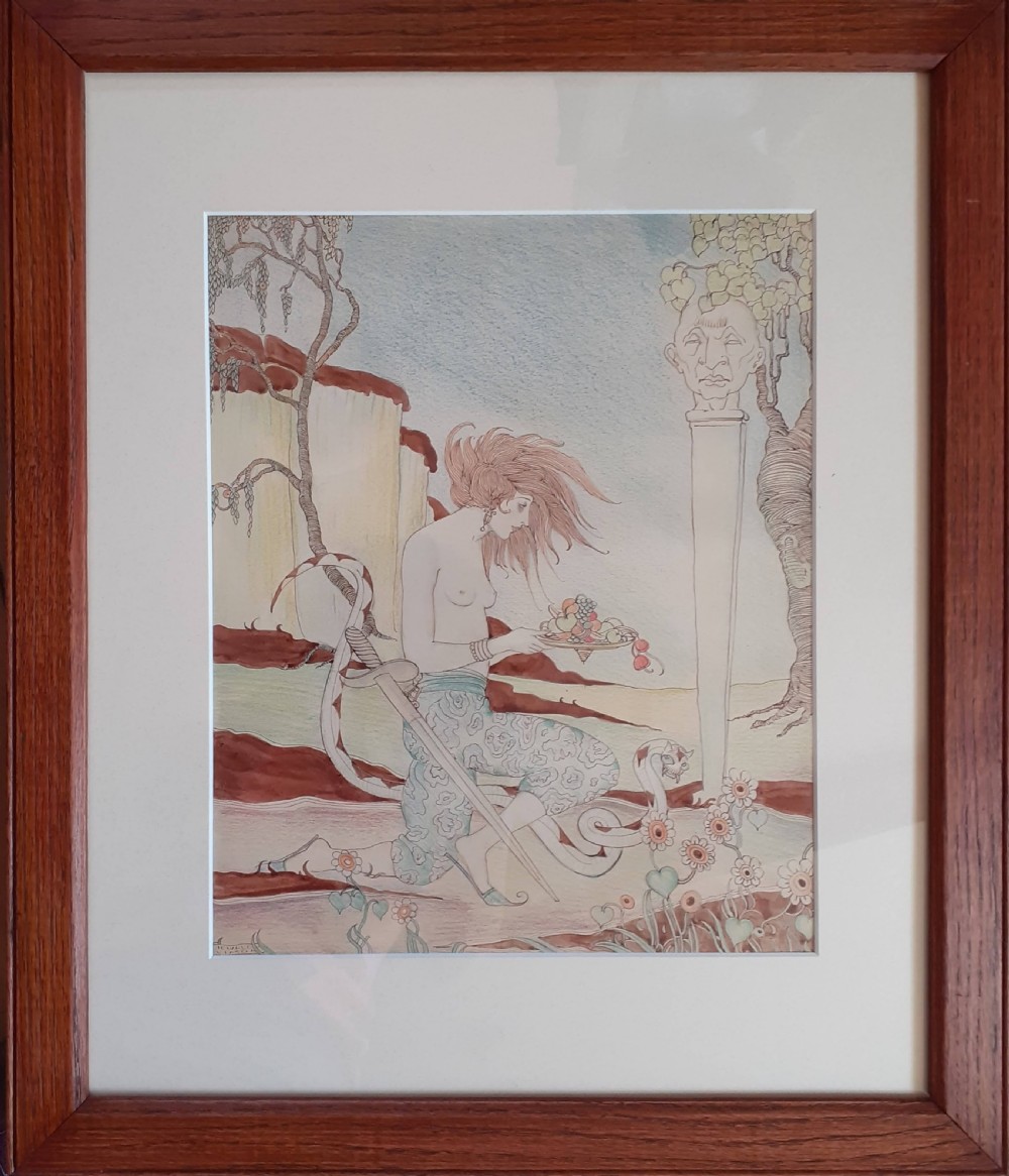Art nouveau snake charmer, 1920 exquisite provenance arts and craft period mixed media painting American in Paris  View V