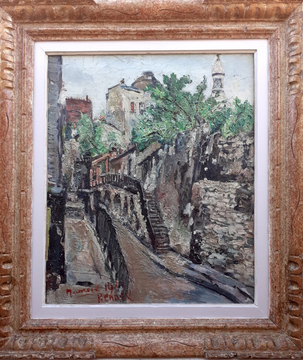 Utrillo-like Montmartre with Sacre Coeur antique French Paris cityscape with rich impasto oil on canvas View III