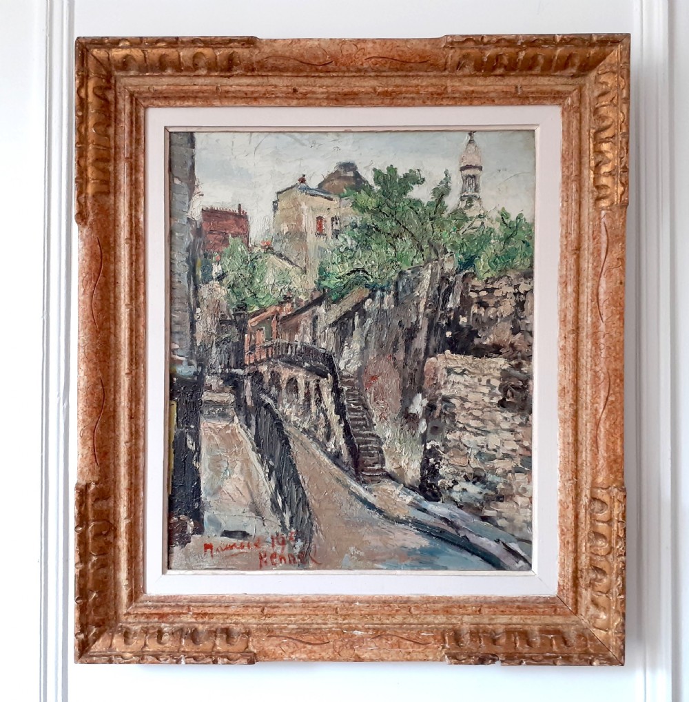 Utrillo-like Montmartre with Sacre Coeur antique French Paris cityscape with rich impasto oil on canvas View II