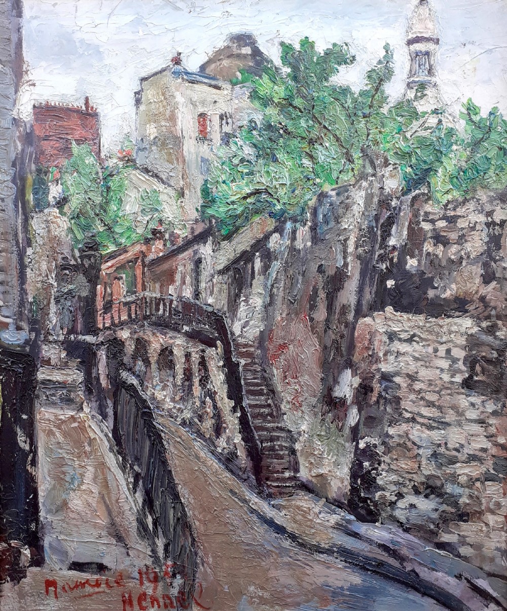 Utrillo-like Montmartre with Sacre Coeur antique French Paris cityscape with rich impasto oil on canvas View VII