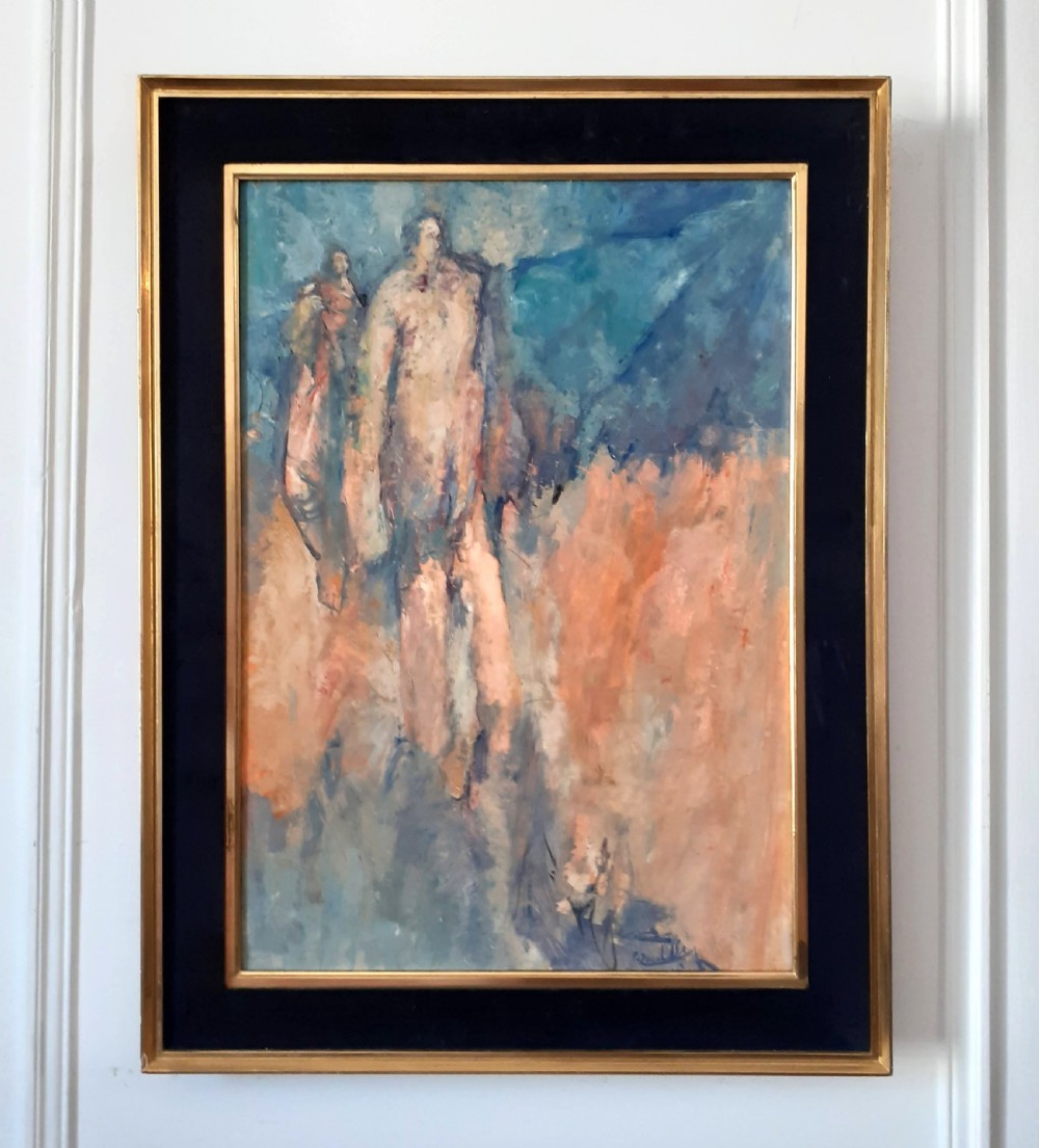 Abstracted walking figures, 1963 French expressive modern oil on canvas View II