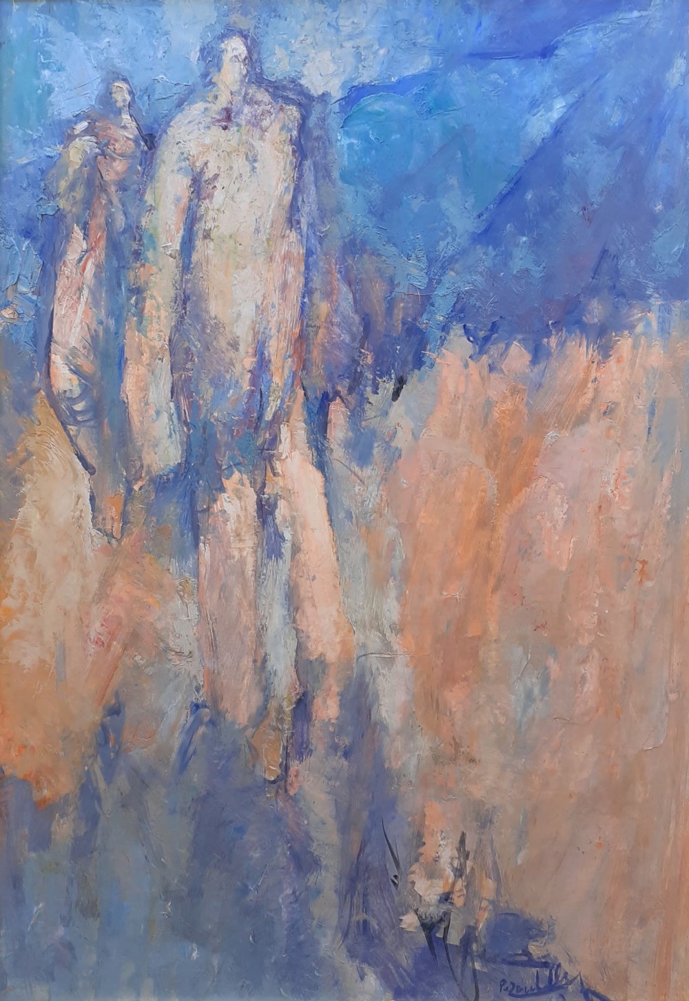 Abstracted walking figures, 1963 French expressive modern oil on canvas