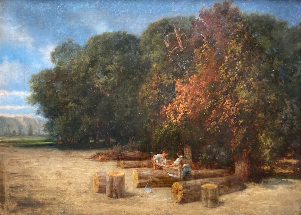 French Barbizon school landscape, the woodcutters, bearing signature  Troyon, 19th century oil on canvas