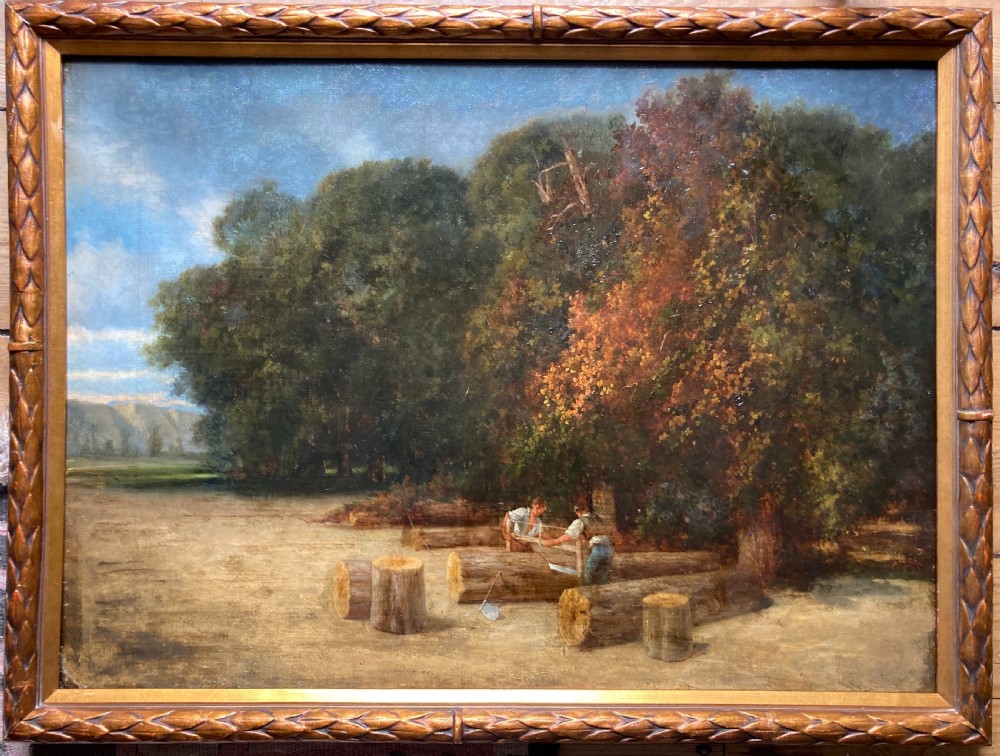 French Barbizon school landscape, the woodcutters, bearing signature  Troyon, 19th century oil on canvas View II