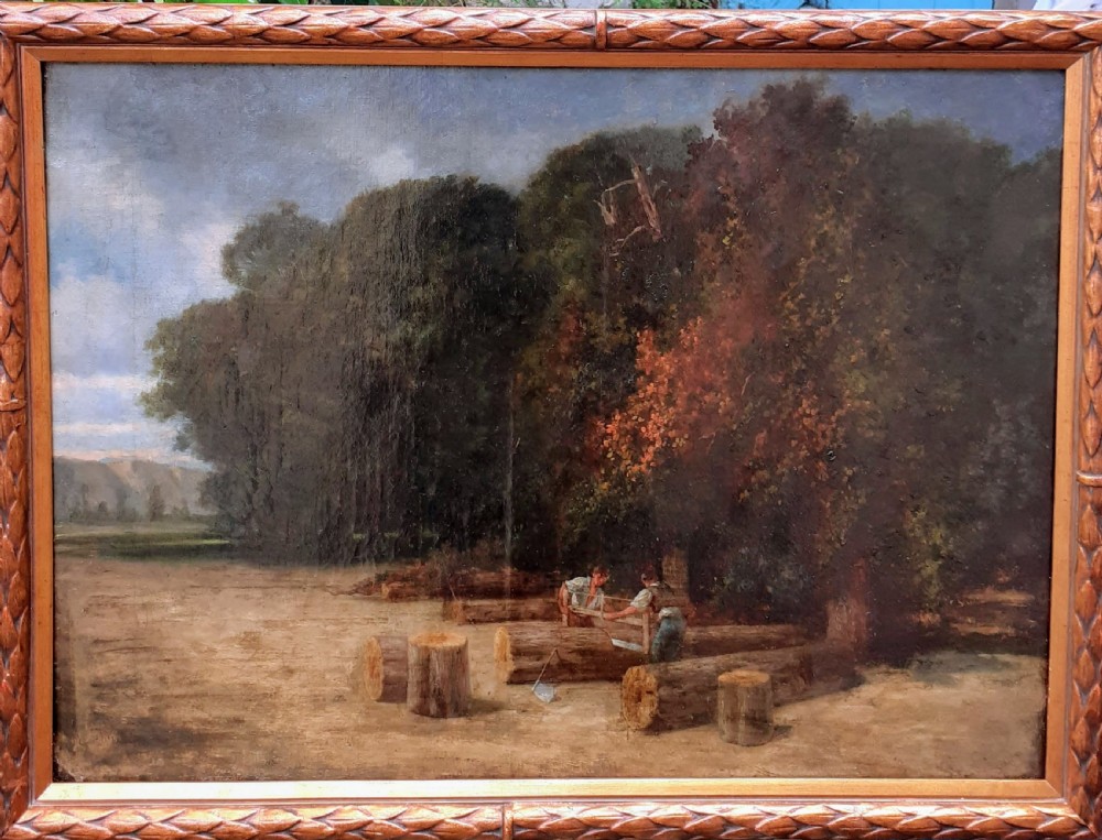 French Barbizon school landscape, the woodcutters, bearing signature  Troyon, 19th century oil on canvas View III