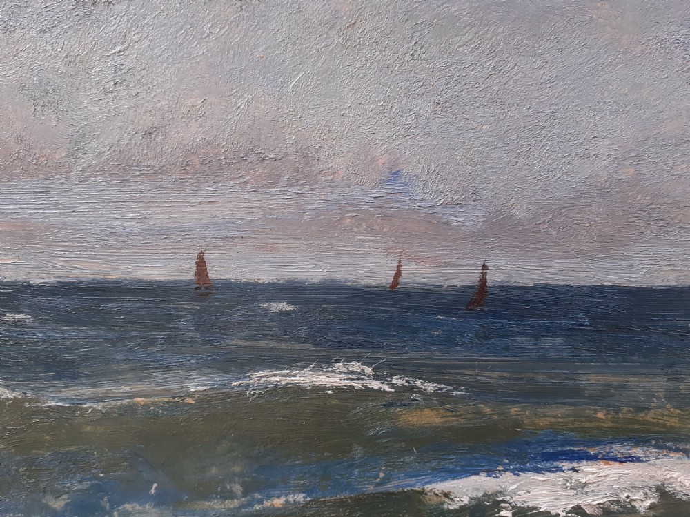 Three Sail Boats at Sea: 1930 exhibited French marine seascape oil on paper View II