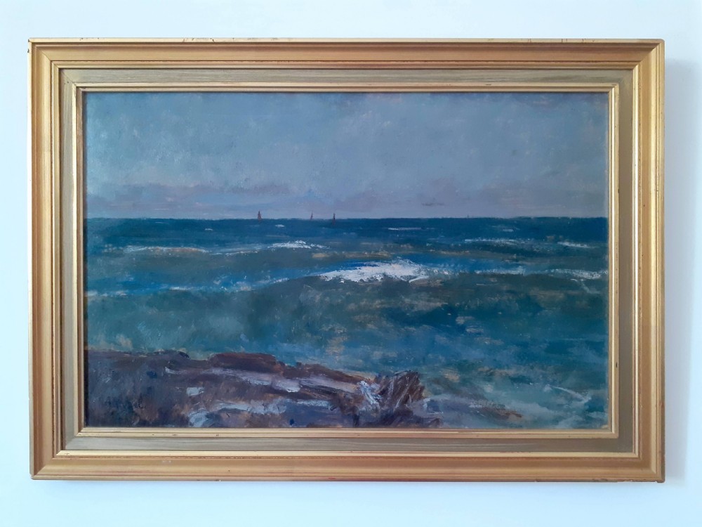 Three Sail Boats at Sea: 1930 exhibited French marine seascape oil on paper View VI