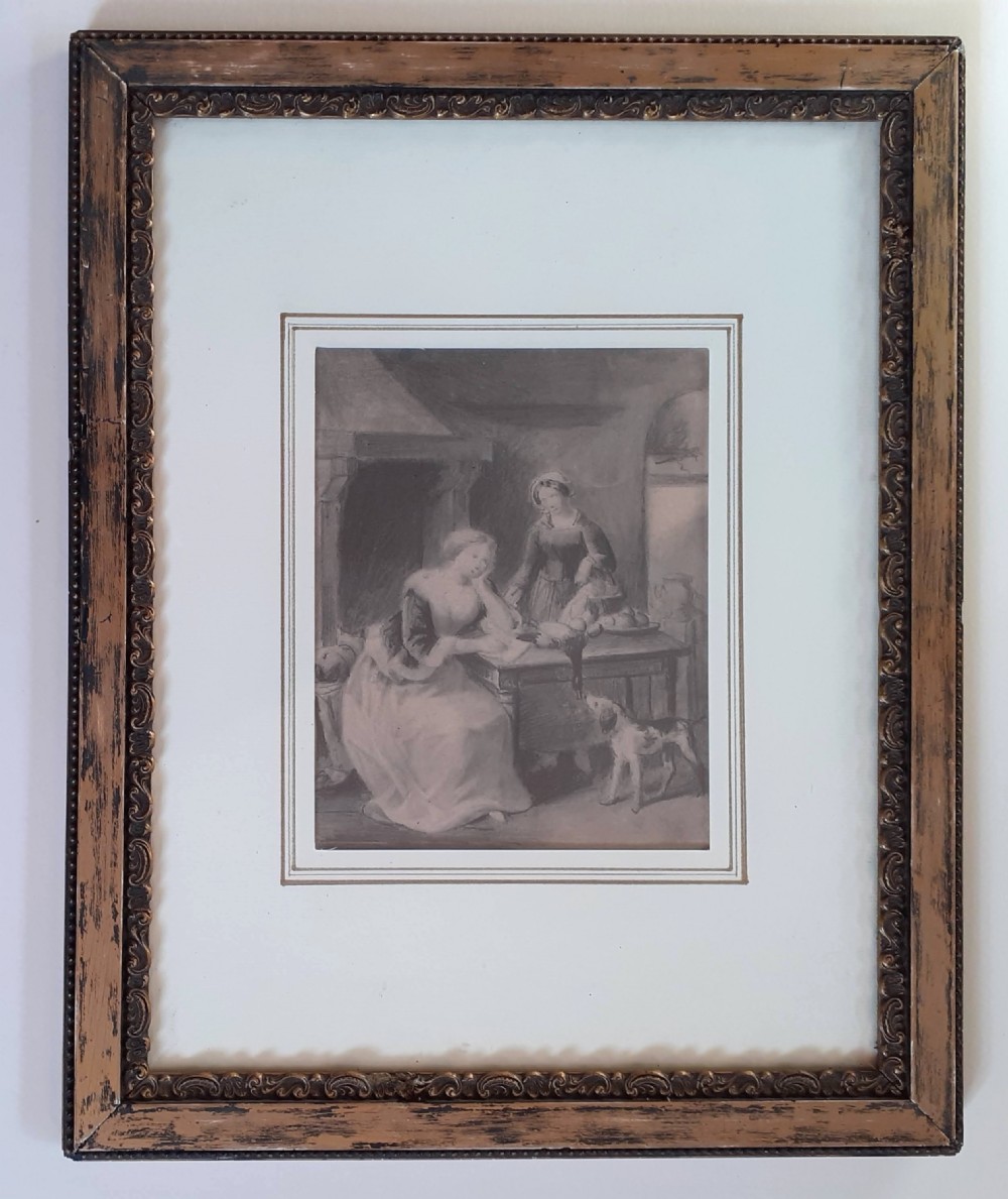 A mid-19th-century monochrome graphite drawing on paper depicting two women and a dog in a rustic kitchen interior beside a hearth. View II