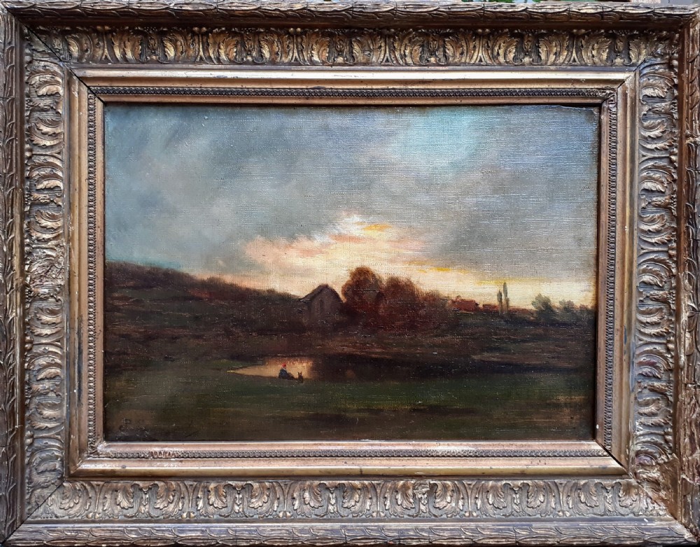 Lone figure and his dog. sunset by the lake. 19th Century French Barbizon tradition oil painting on canvas View III