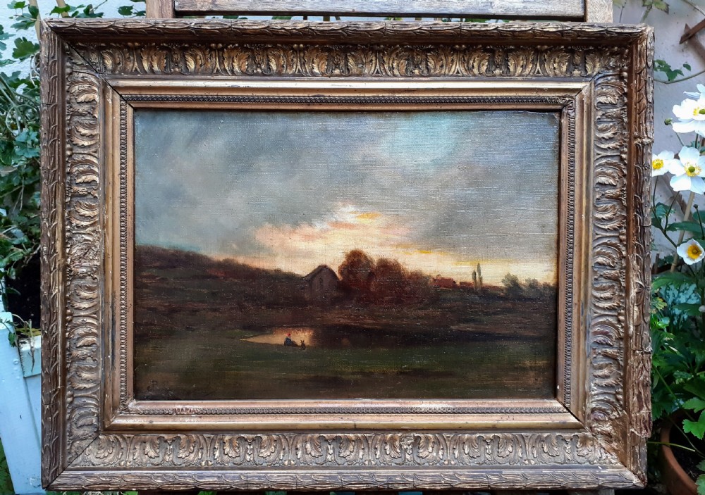 Lone figure and his dog. sunset by the lake. 19th Century French Barbizon tradition oil painting on canvas View VII