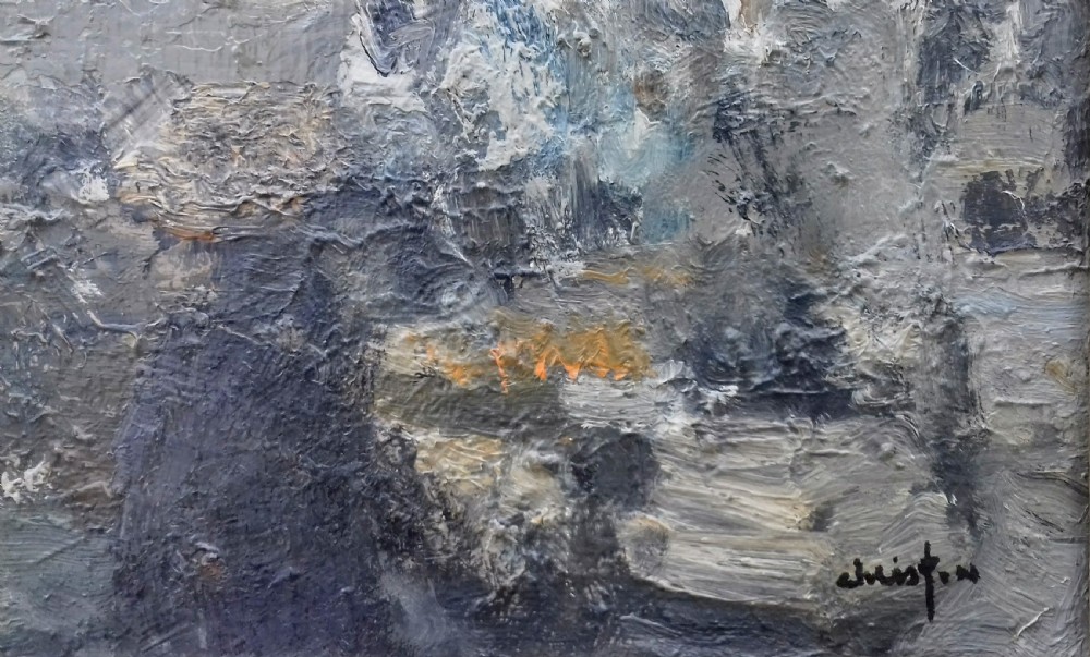Venice in the mist: palace and huddled figures, abstracted French modernist oil on canvas, 1967 View IV
