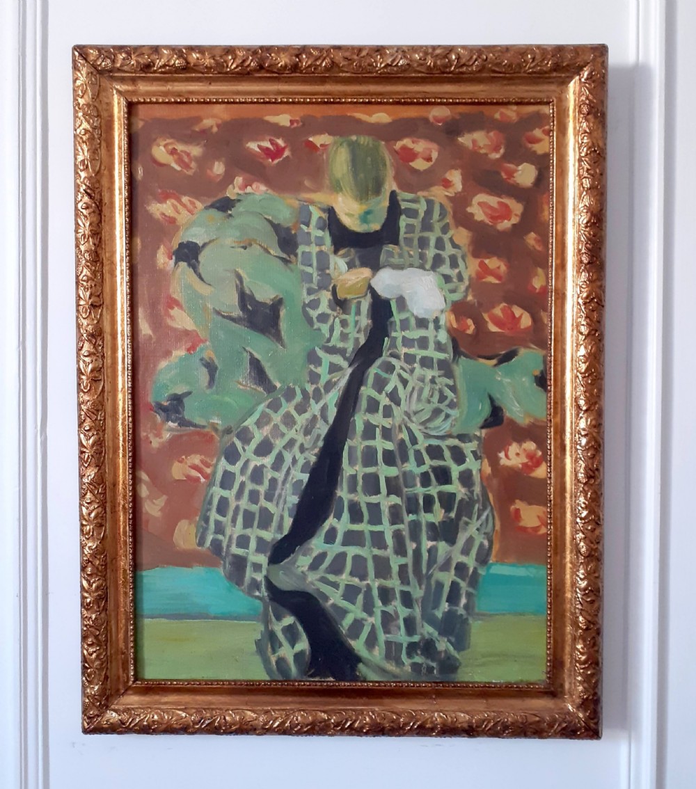 Large colourful French Fauve inspired oil on canvas woman at her needlework artwork with a story View II