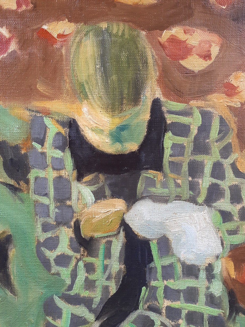 Large colourful French Fauve inspired oil on canvas woman at her needlework artwork with a story View III
