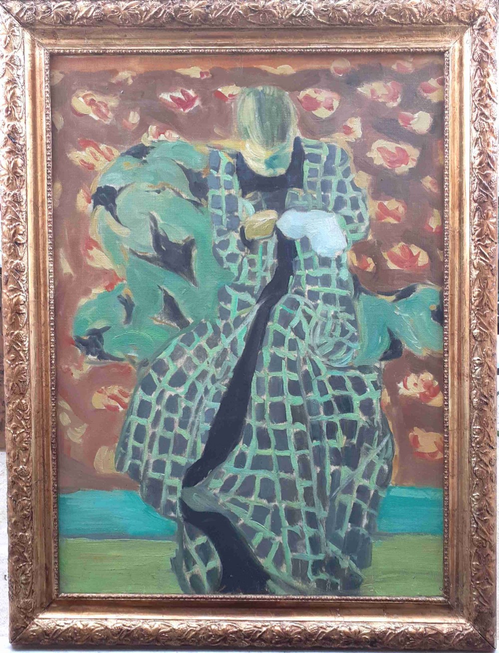 Large colourful French Fauve inspired oil on canvas woman at her needlework artwork with a story
