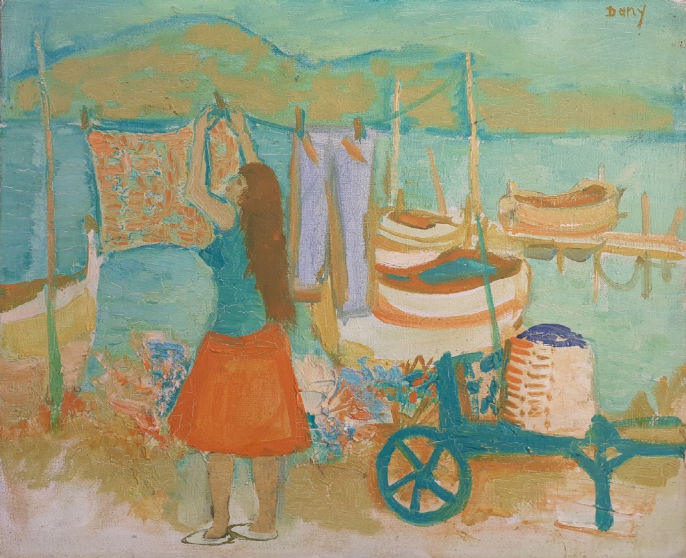 The washing line: laundry in the South of France: French colourist oil painting, 1960 Saint Tropez artist, circle of Picasso and Boris Vian