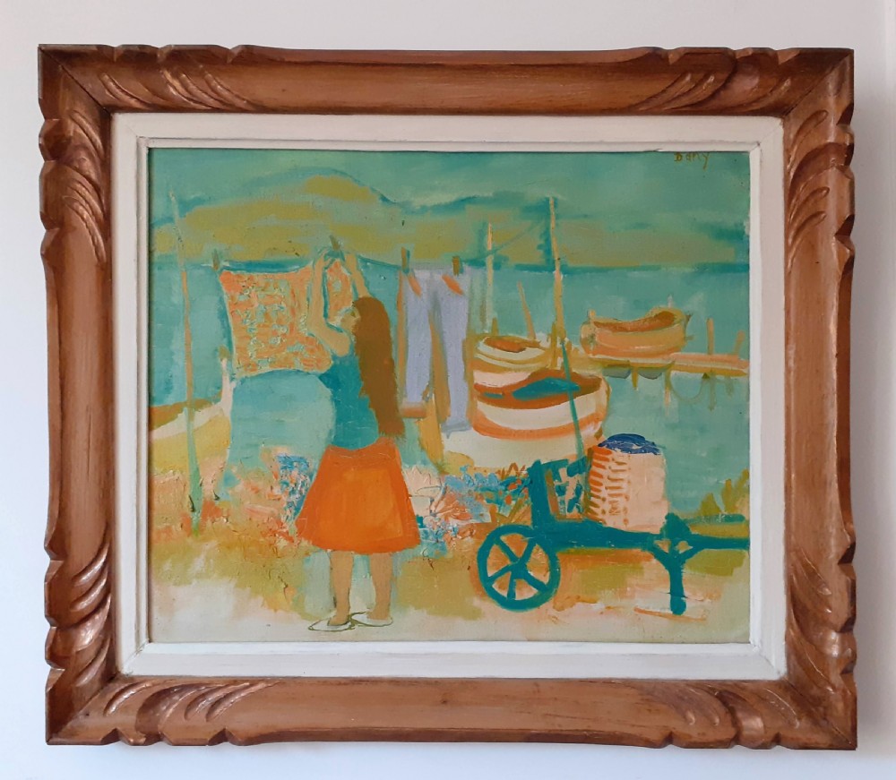 The washing line: laundry in the South of France: French colourist oil painting, 1960 Saint Tropez artist, circle of Picasso and Boris Vian View III
