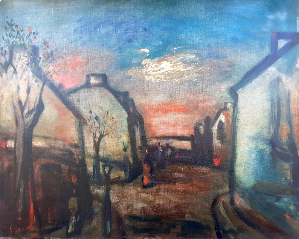 Cityscape, Magical street scene with figures, Austrian expressionist oil on canvas