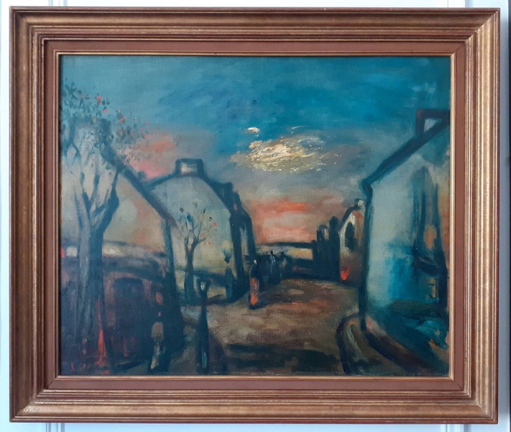 Cityscape, Magical street scene with figures, Austrian expressionist oil on canvas View II