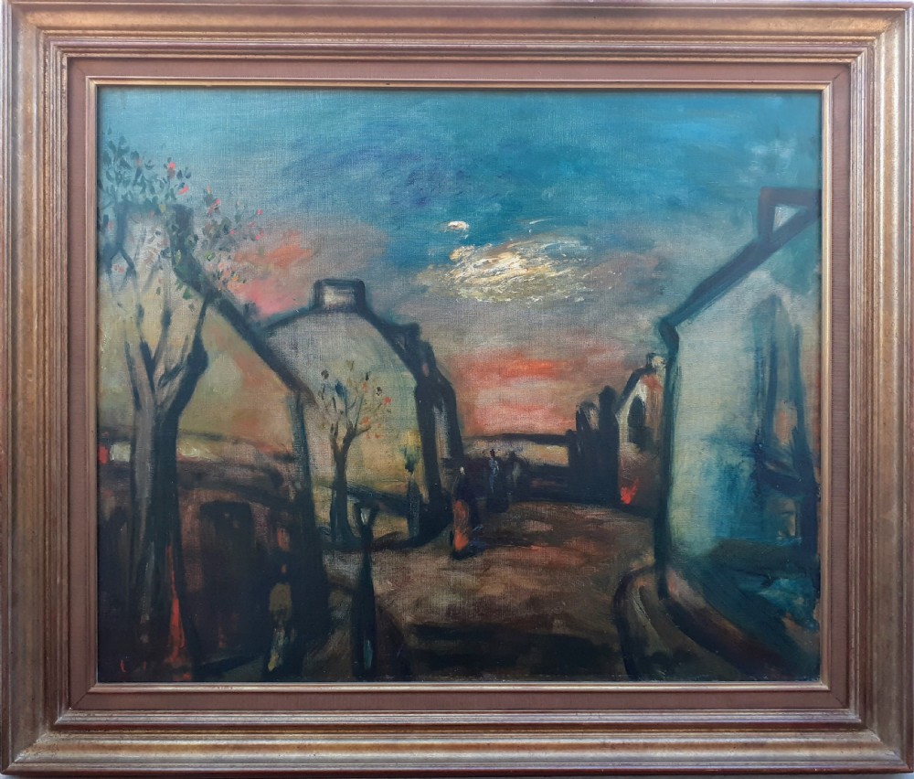 Cityscape, Magical street scene with figures, Austrian expressionist oil on canvas View III