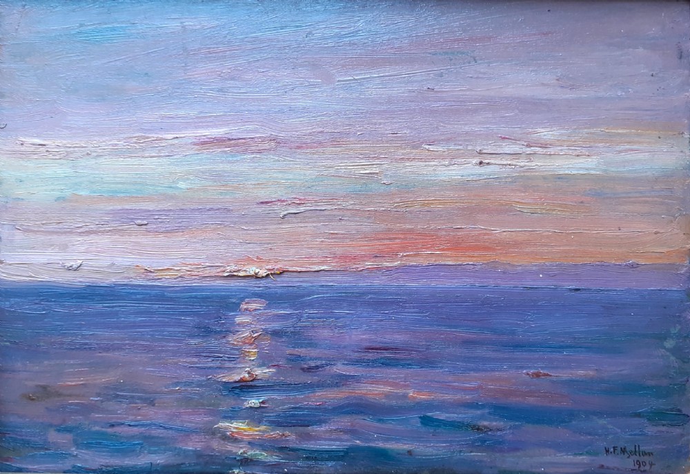 Sunset over the English Channel, August 1904: plein air colourist Impressionist study of sea and light from a boat, marine seascape oil on panel painting View III