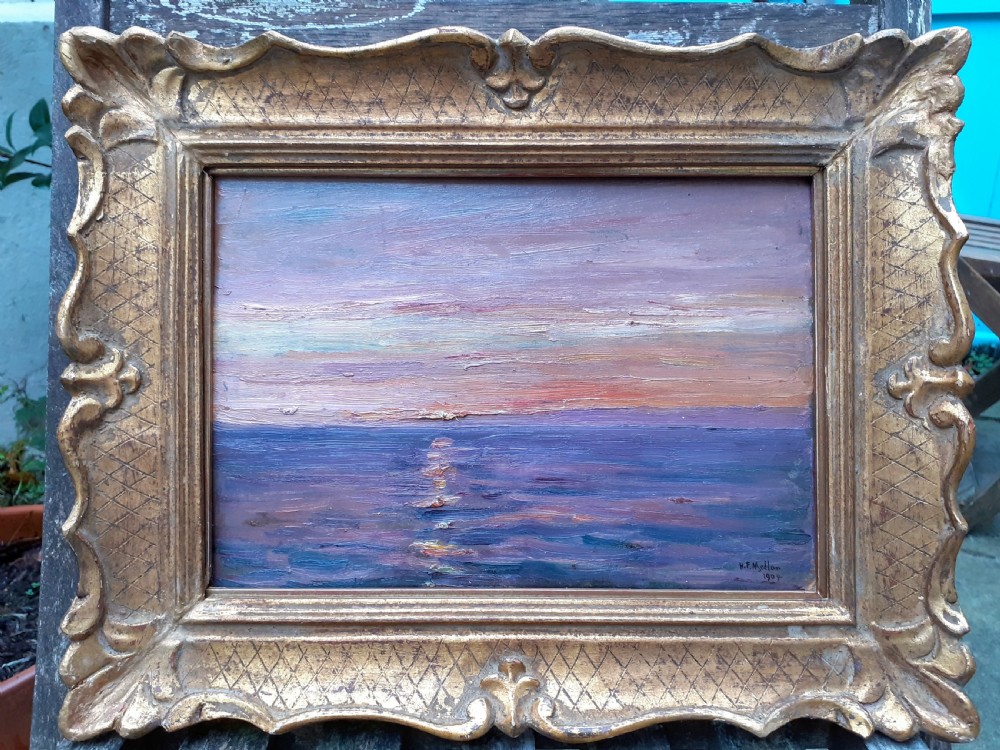 Sunset over the English Channel, August 1904: plein air colourist Impressionist study of sea and light from a boat, marine seascape oil on panel painting View IV