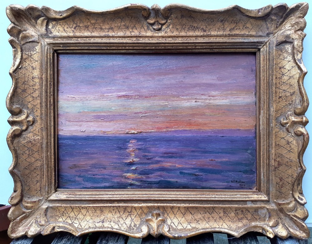 Sunset over the English Channel, August 1904: plein air colourist Impressionist study of sea and light from a boat, marine seascape oil on panel painting View V