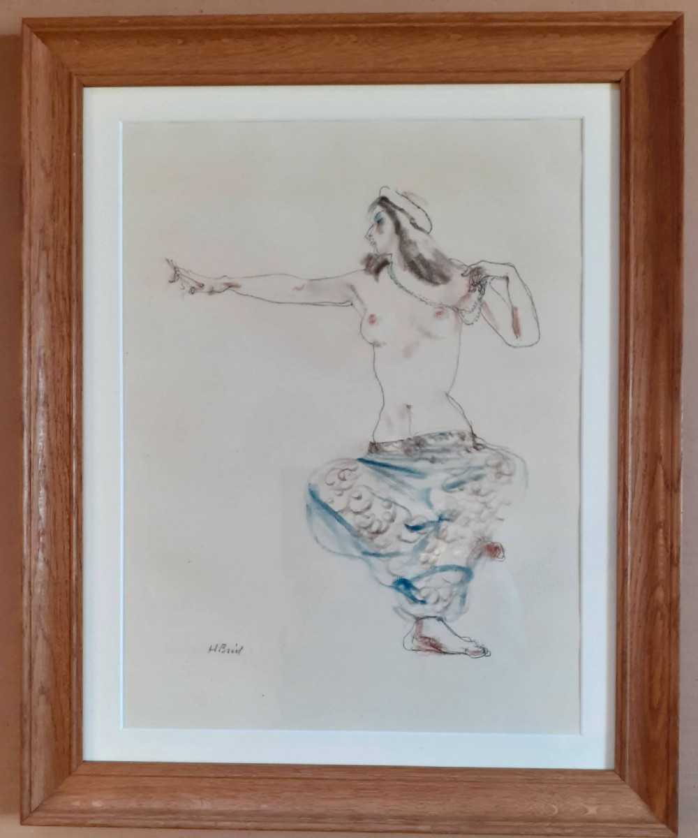 An original Art Deco coloured chalk and graphite drawing on paper depicting a female dancer in costume, signed by artist Henry Bird. View II