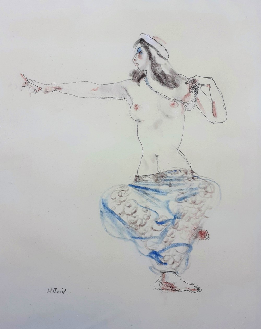 An original Art Deco coloured chalk and graphite drawing on paper depicting a female dancer in costume, signed by artist Henry Bird.