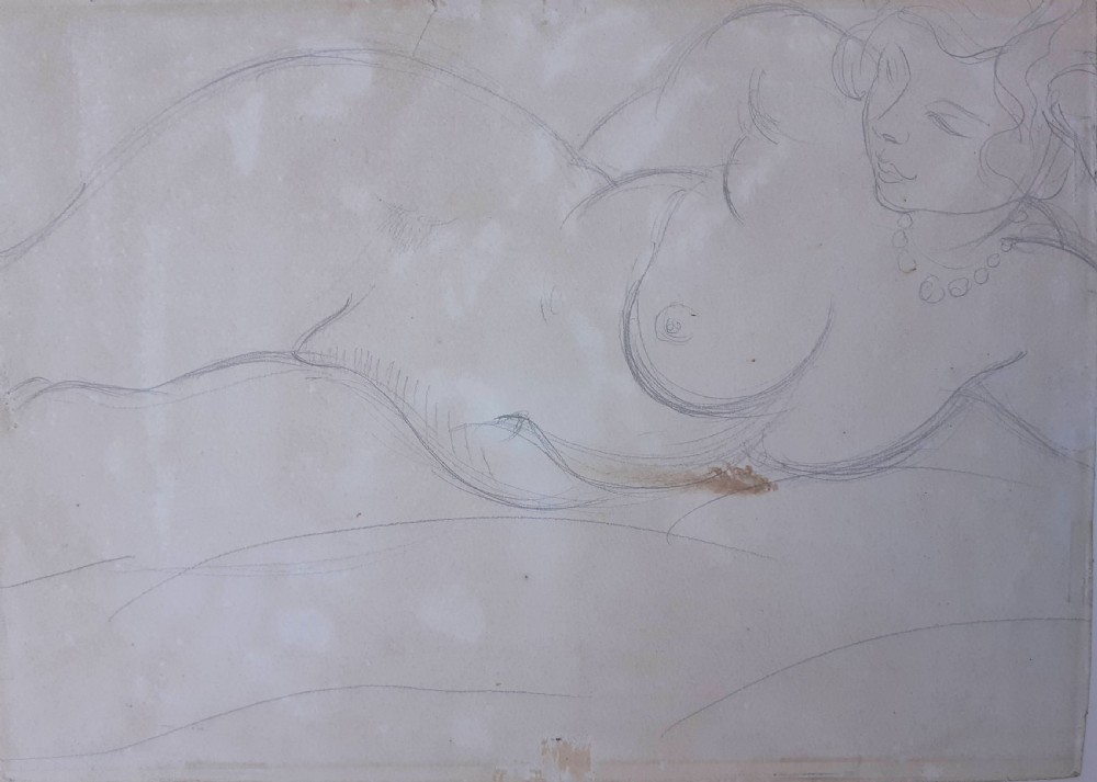 Matissian Nude, circa 1920, verso Limpley Stoke, Bath landscape: art deco period drawing and watercolour, lovely provenance View VII