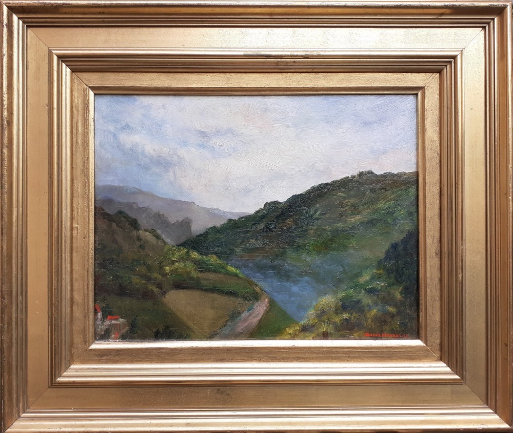 Mountains: mist over the valley, large skies: 1930s Franco Danish woman artist Impressionist oil on panel