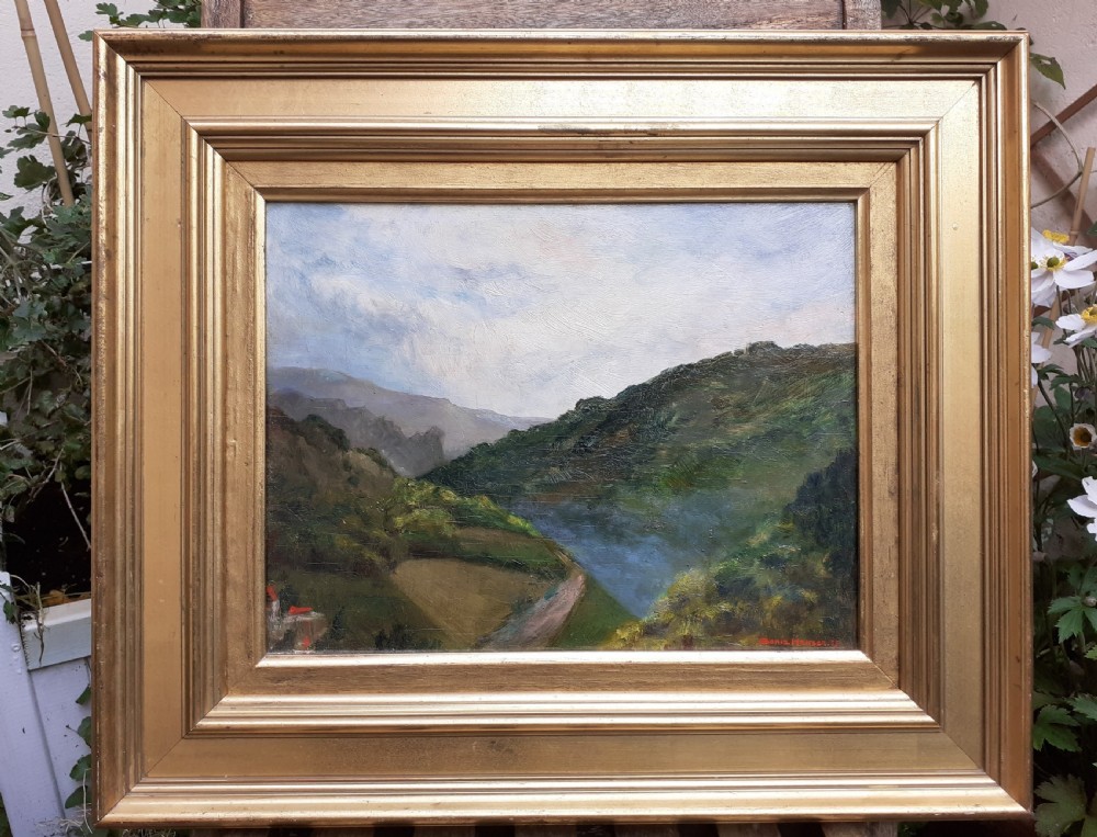 Mountains: mist over the valley, large skies: 1930s Franco Danish woman artist Impressionist oil on panel View III