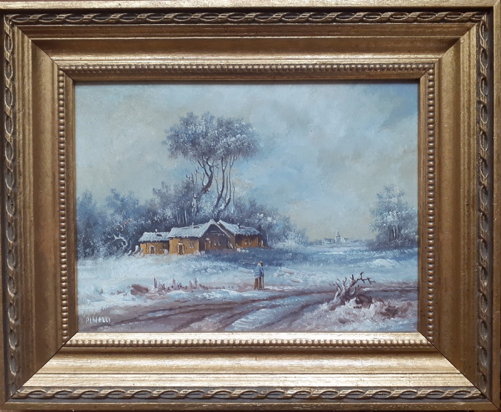 Winter Snow Scene with lone figure oil on board View VII