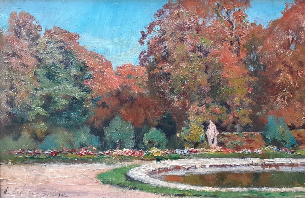 Autumn colours 1908, statue in the park , coloured trees, arts and crafts period French landscape oil on canvas painting