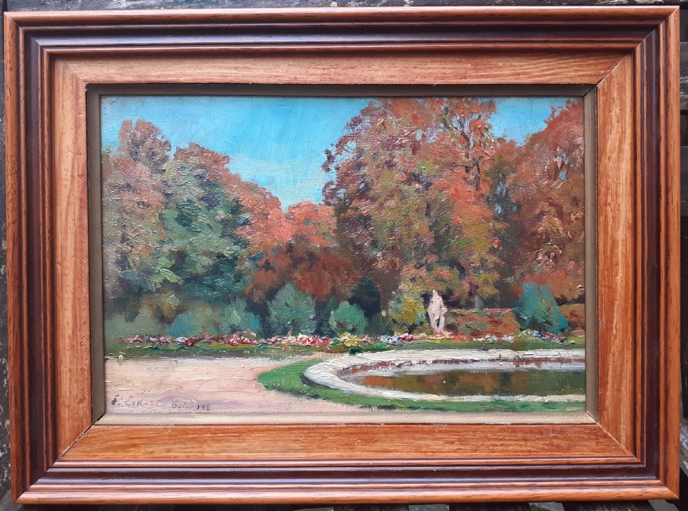Autumn colours 1908, statue in the park , coloured trees, arts and crafts period French landscape oil on canvas painting View II