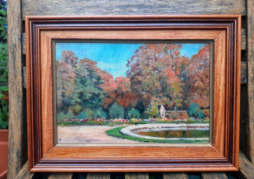 Autumn colours 1908, statue in the park , coloured trees, arts and crafts period French landscape oil on canvas painting View III